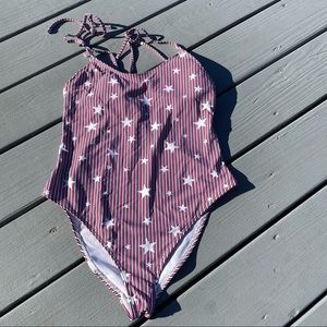 California sunshine stars print striped one piece bathing suit